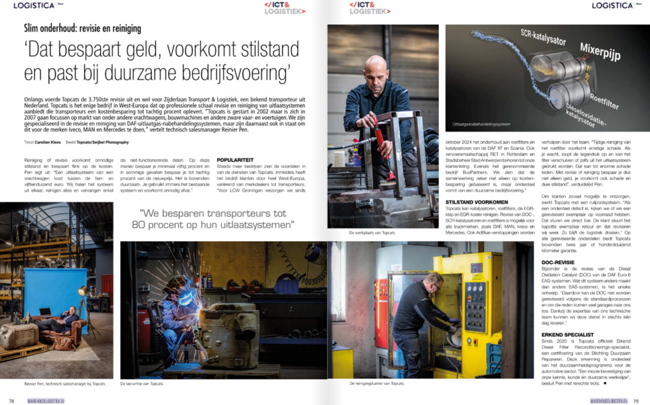 Artikel over reiniging en revisie van roetfilters en katalysators door Topcats in vakblad Warehouselogistiek